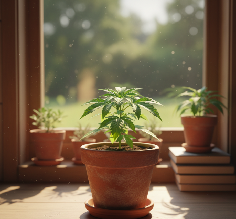 Healthy cannabis plant in vegetative growth phase with vibrant green leaves under optimal lighting